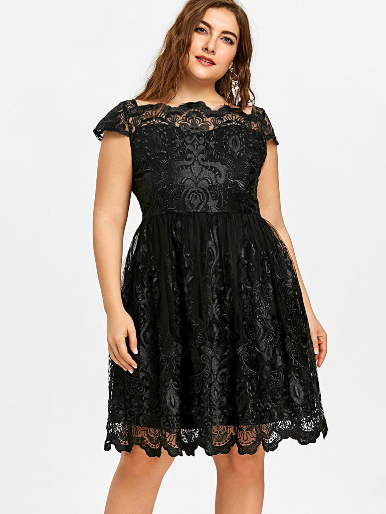 Lace Scalloped Tulle Embroidered Short Sleeves A-Line Plus Size Dress - TeresaCollections