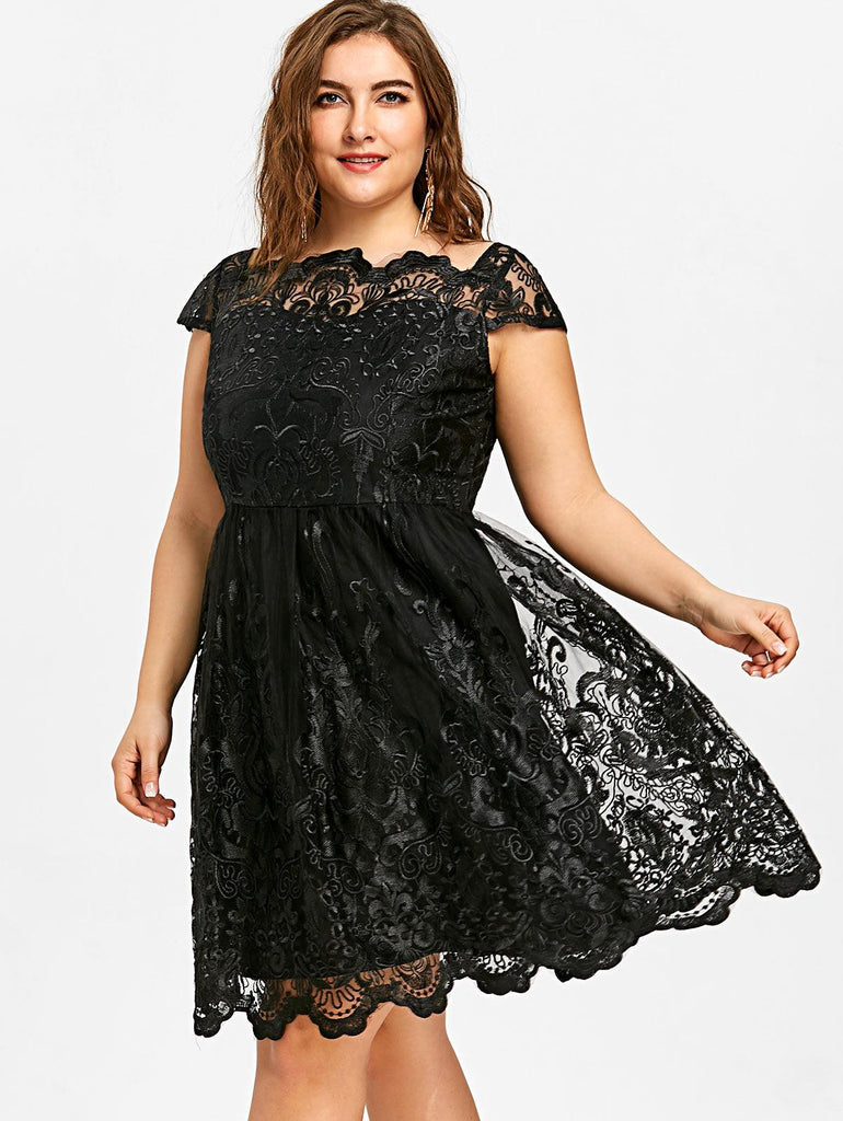 Lace Scalloped Tulle Embroidered Short Sleeves A-Line Plus Size Dress - TeresaCollections