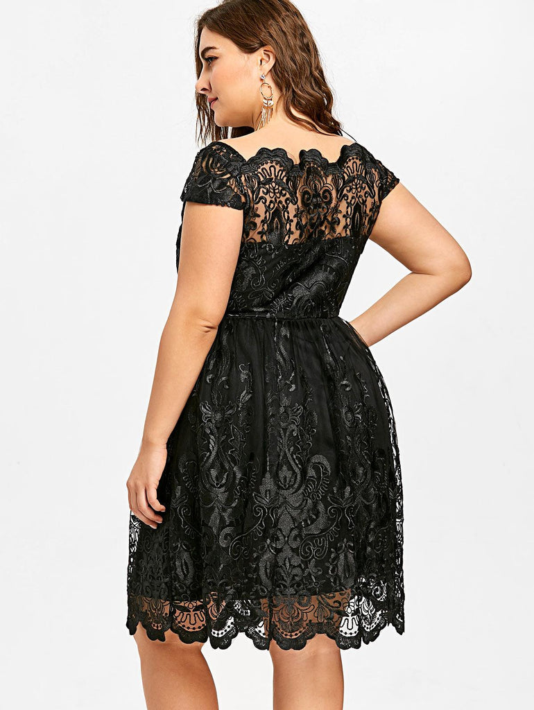 Lace Scalloped Tulle Embroidered Short Sleeves A-Line Plus Size Dress - TeresaCollections