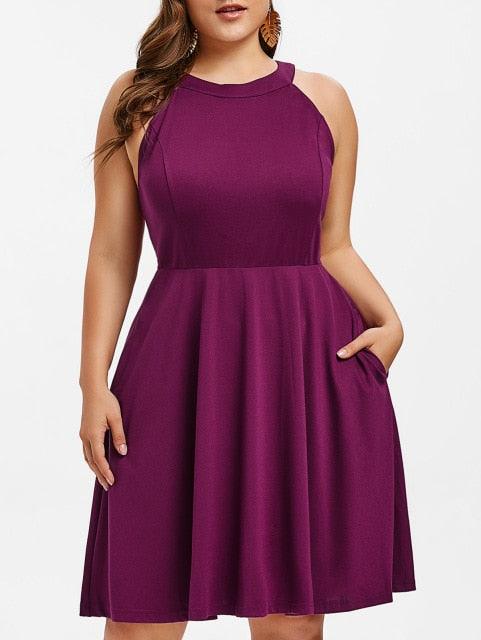 Round Neck Elegant Sleeveless Solid Summer A-Line Fit And Flare Dress - TeresaCollections