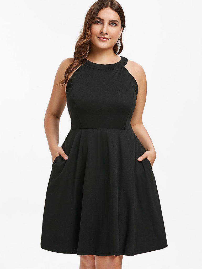 Round Neck Elegant Sleeveless Solid Summer A-Line Fit And Flare Dress - TeresaCollections