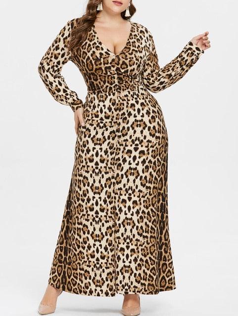 Sexy V Neck Leopard Long Sleeves Ankle-Length Plus Size Dress - TeresaCollections