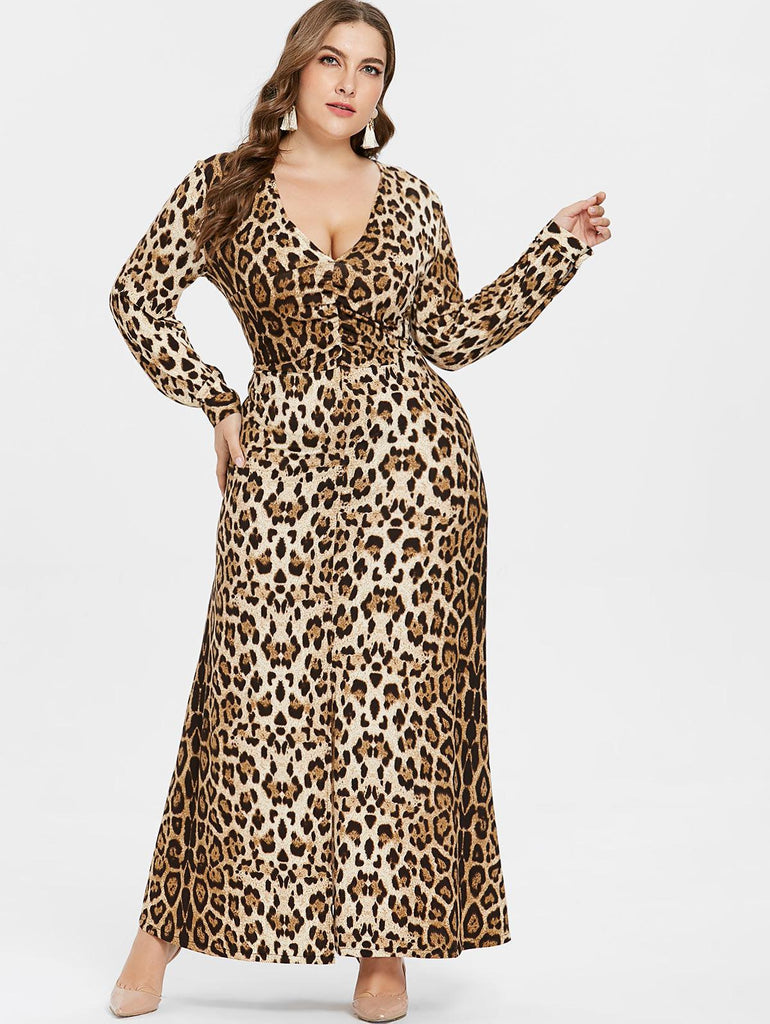 Sexy V Neck Leopard Long Sleeves Ankle-Length Plus Size Dress - TeresaCollections