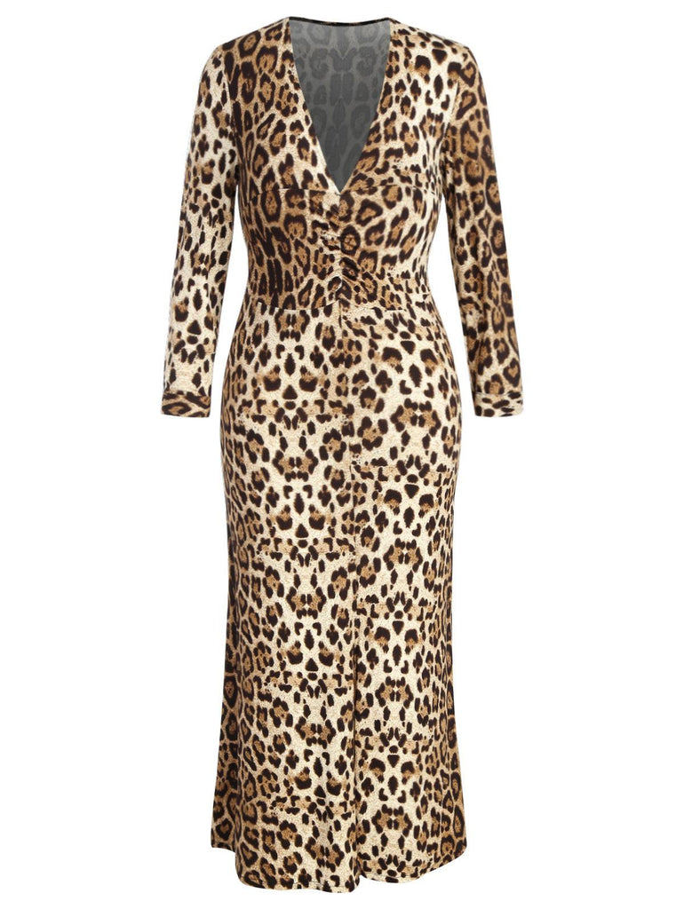 Sexy V Neck Leopard Long Sleeves Ankle-Length Plus Size Dress - TeresaCollections