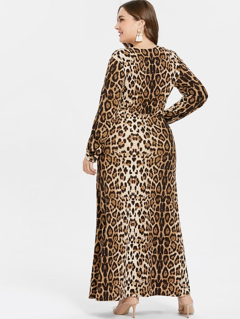 Sexy V Neck Leopard Long Sleeves Ankle-Length Plus Size Dress - TeresaCollections