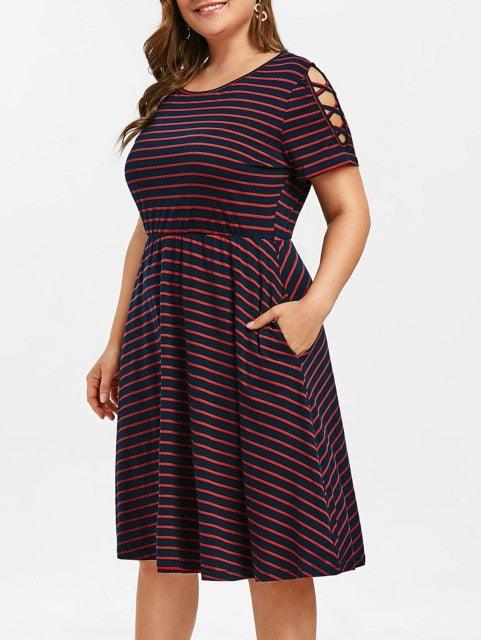 Striped A Line Criss Cross Sleeve Elastic Waist Work Dress - TeresaCollections