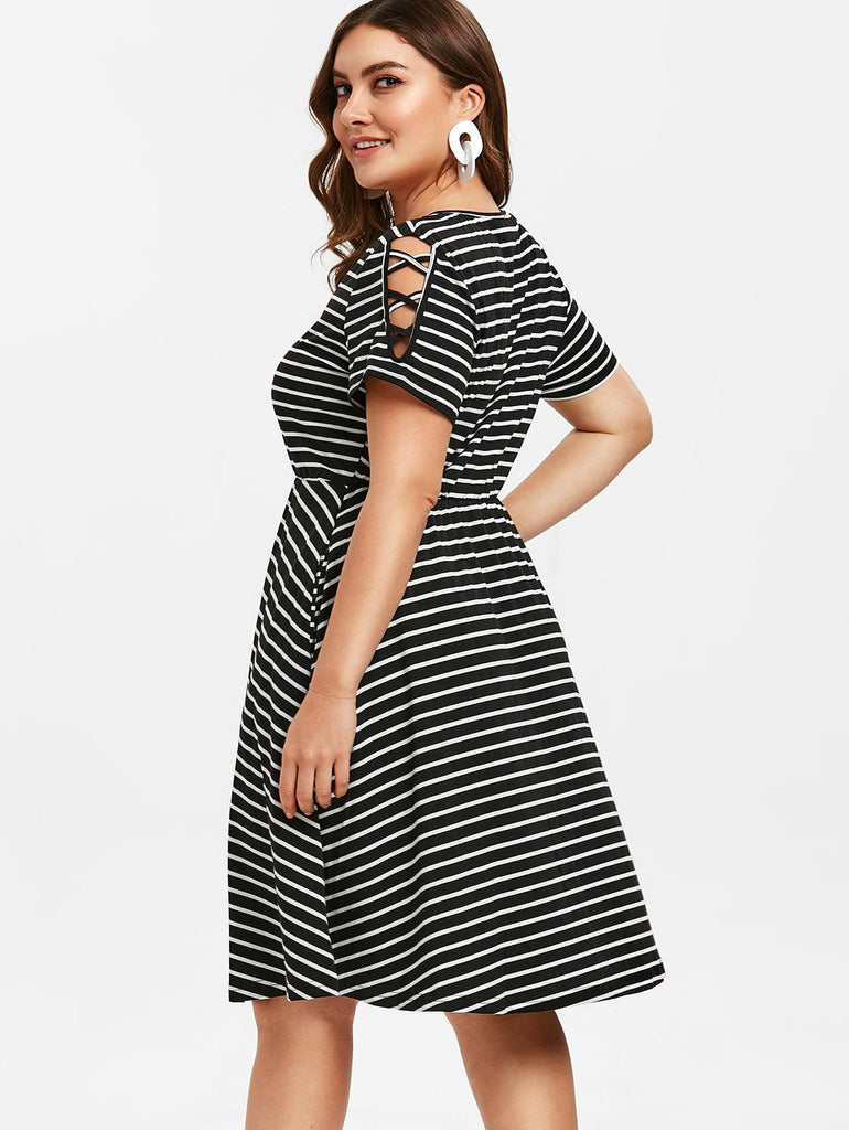 Striped A Line Criss Cross Sleeve Elastic Waist Work Dress - TeresaCollections