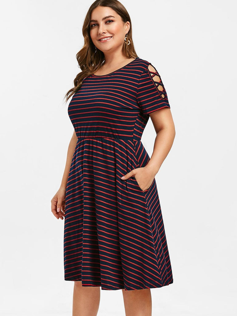 Striped A Line Criss Cross Sleeve Elastic Waist Work Dress - TeresaCollections