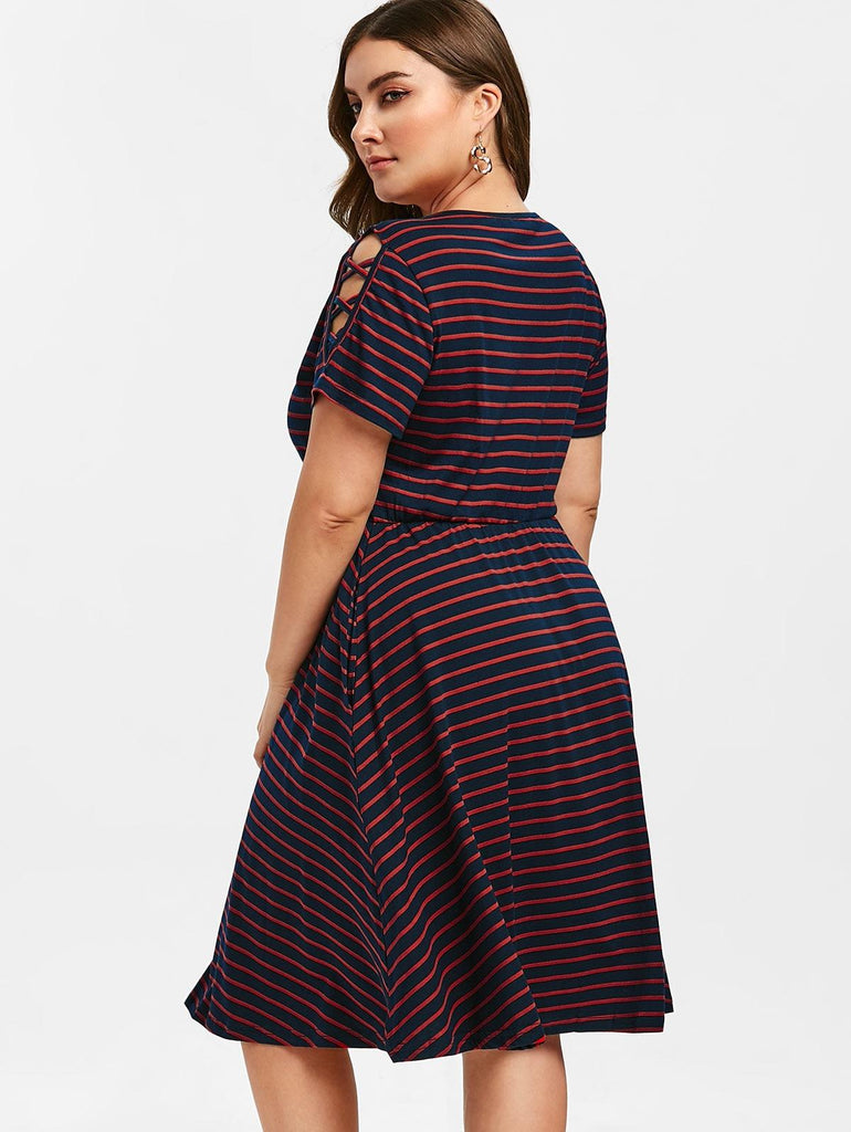 Striped A Line Criss Cross Sleeve Elastic Waist Work Dress - TeresaCollections