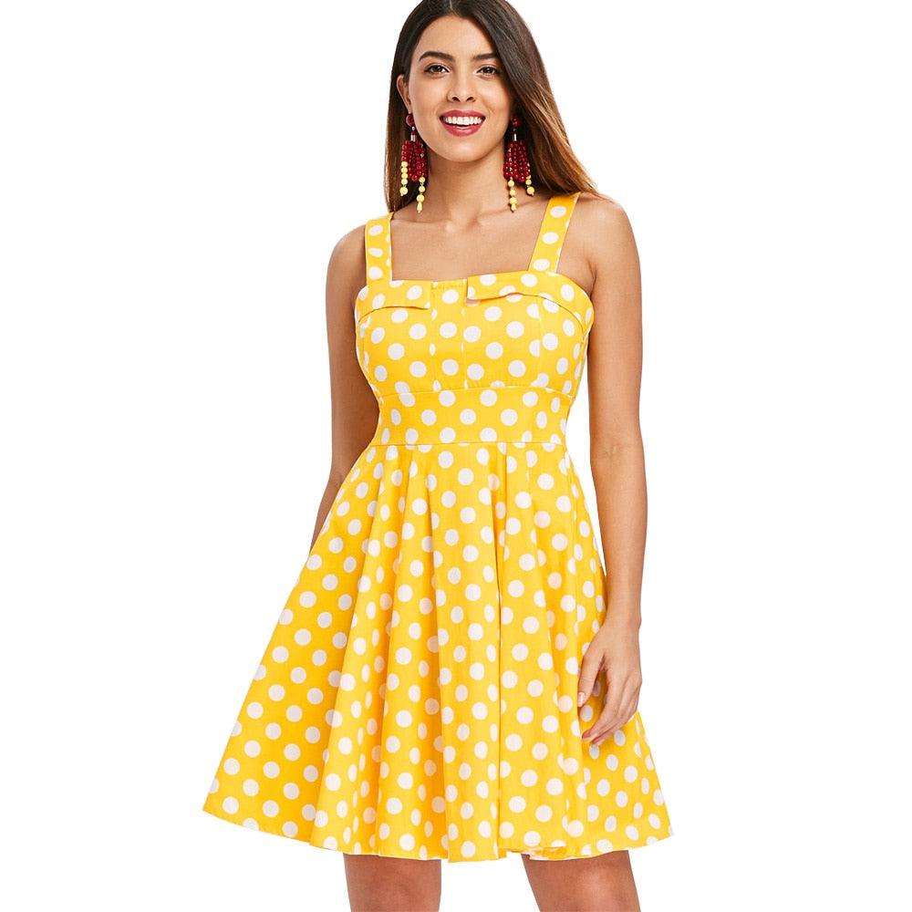 Retro Yellow Polka Dot Print Pleated Vintage Plus Size Party Dress - TeresaCollections