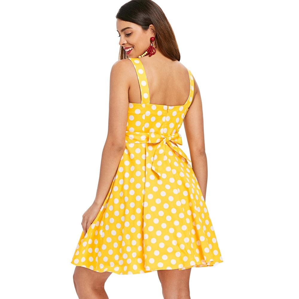 Retro Yellow Polka Dot Print Pleated Vintage Plus Size Party Dress - TeresaCollections