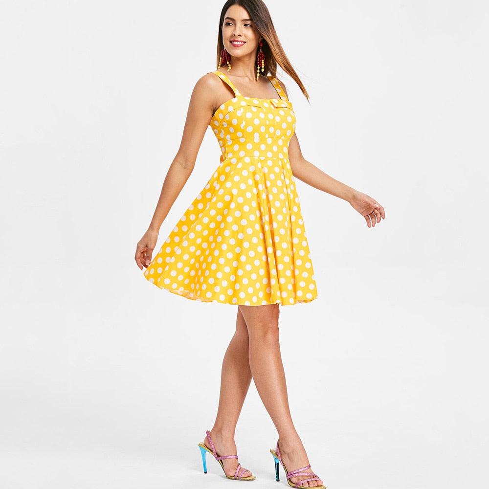 Retro Yellow Polka Dot Print Pleated Vintage Plus Size Party Dress - TeresaCollections