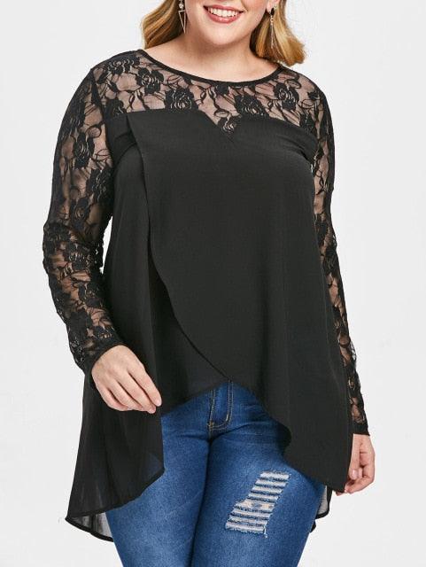 Lace Blouse See Through High Low Splicing Plus Size Blouse - TeresaCollections