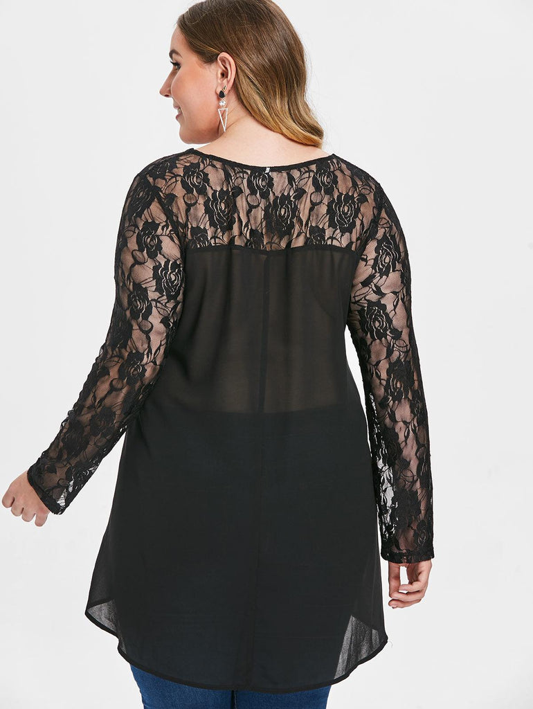 Lace Blouse See Through High Low Splicing Plus Size Blouse - TeresaCollections