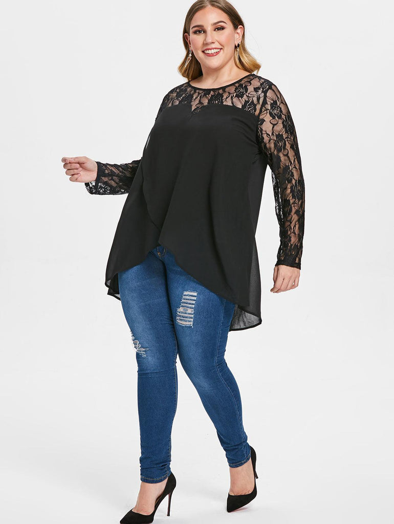 Lace Blouse See Through High Low Splicing Plus Size Blouse - TeresaCollections