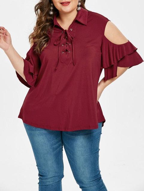 Plus Size Criss Cross Cold Shoulder Ruffles Blouse - TeresaCollections