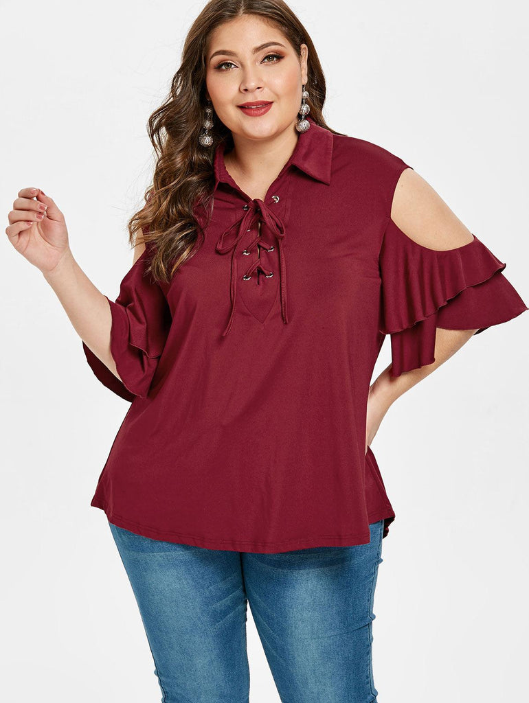 Plus Size Criss Cross Cold Shoulder Ruffles Blouse - TeresaCollections