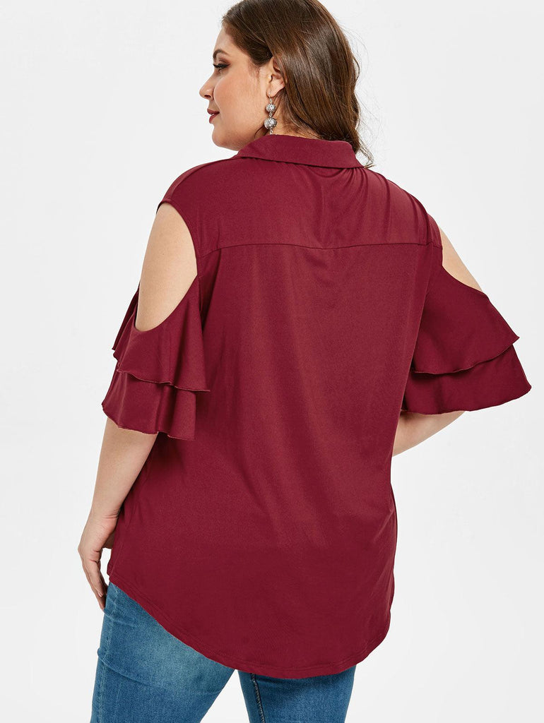 Plus Size Criss Cross Cold Shoulder Ruffles Blouse - TeresaCollections