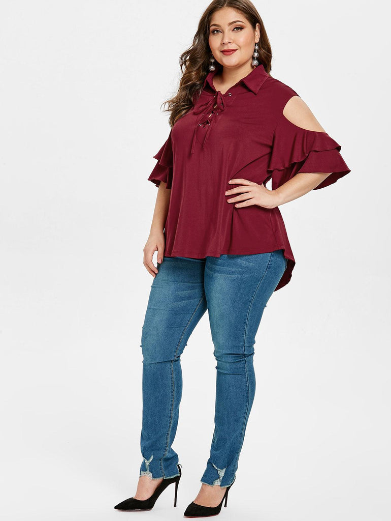 Plus Size Criss Cross Cold Shoulder Ruffles Blouse - TeresaCollections