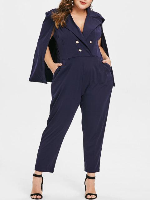 Plus Size Double Breasted Cape Jumpsuits - TeresaCollections