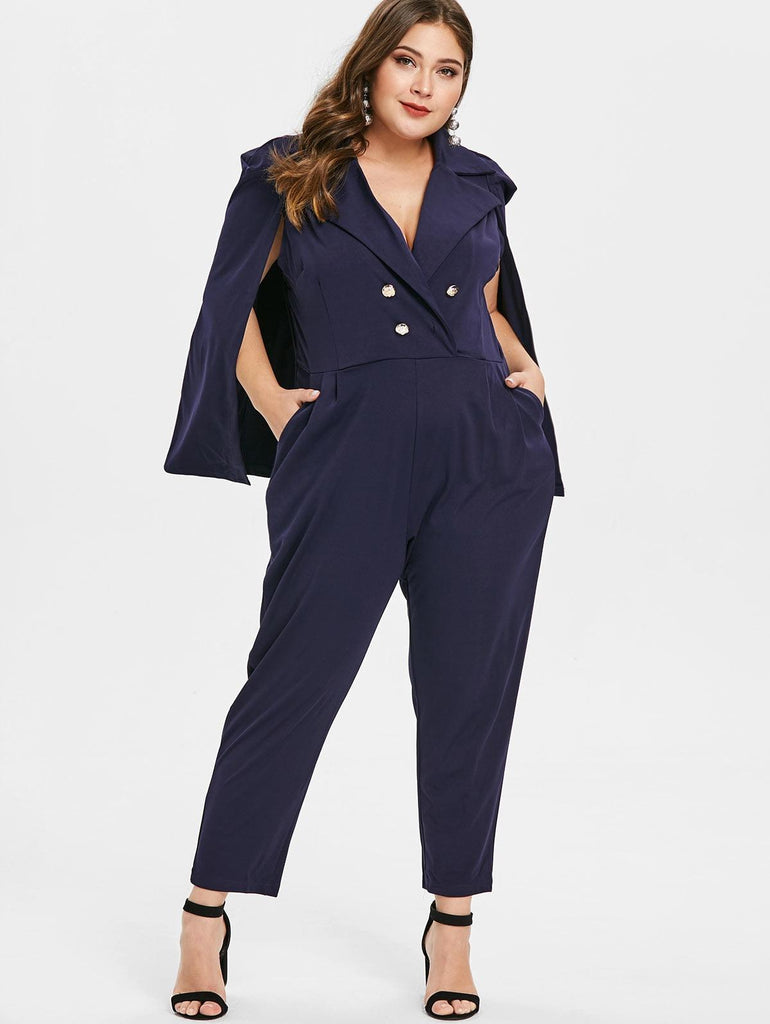 Plus Size Double Breasted Cape Jumpsuits - TeresaCollections