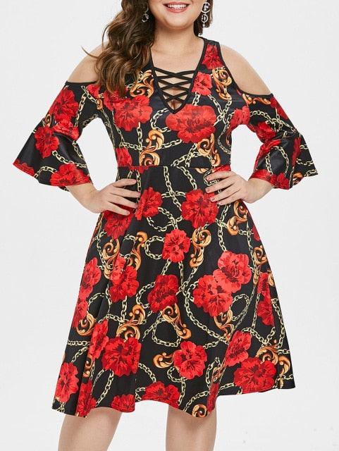 Flare Sleeve Cold Shoulder Printed Dress Criss Cross A Line Knee Length - TeresaCollections