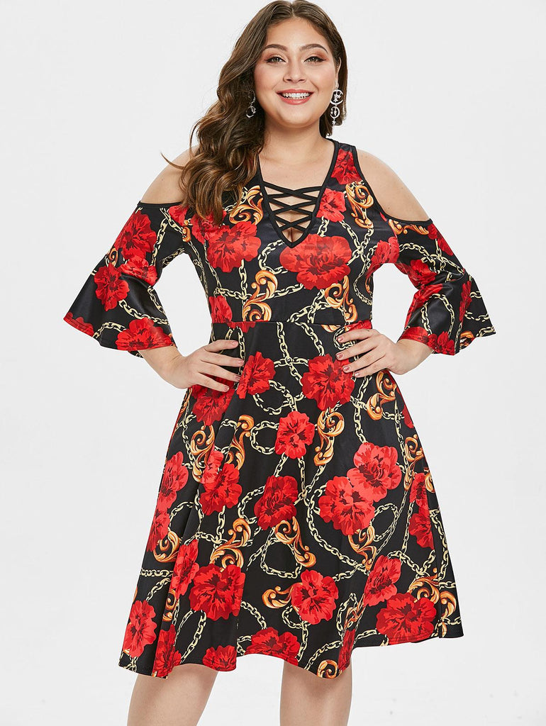 Flare Sleeve Cold Shoulder Printed Dress Criss Cross A Line Knee Length - TeresaCollections