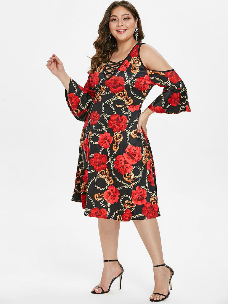 Flare Sleeve Cold Shoulder Printed Dress Criss Cross A Line Knee Length - TeresaCollections