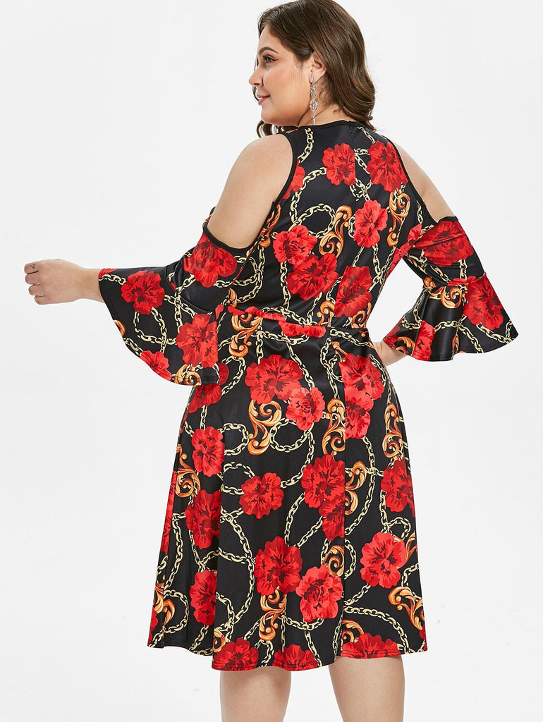 Flare Sleeve Cold Shoulder Printed Dress Criss Cross A Line Knee Length - TeresaCollections