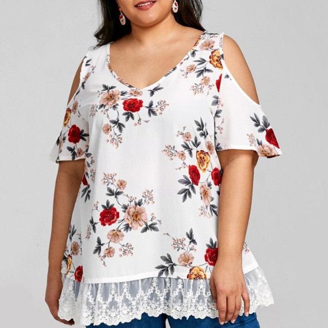 Floral Lace Trimmed V Neck Short Sleeve Chiffon Cold Shoulder Plus Size Blouse - TeresaCollections