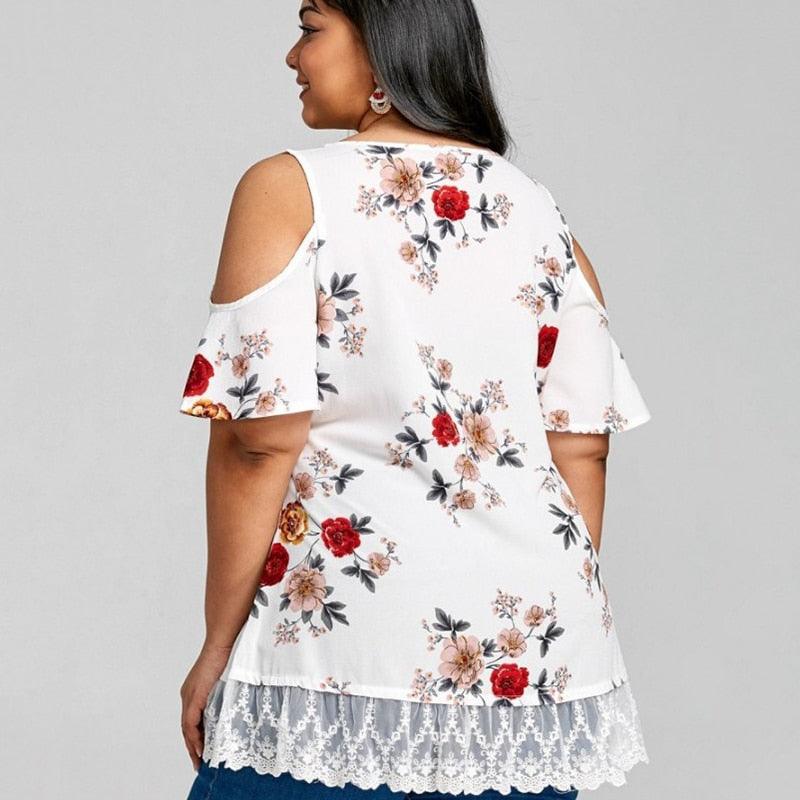 Floral Lace Trimmed V Neck Short Sleeve Chiffon Cold Shoulder Plus Size Blouse - TeresaCollections