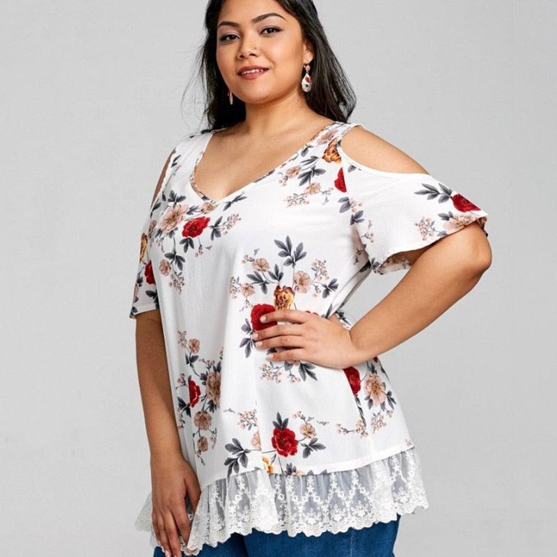 Floral Lace Trimmed V Neck Short Sleeve Chiffon Cold Shoulder Plus Size Blouse - TeresaCollections