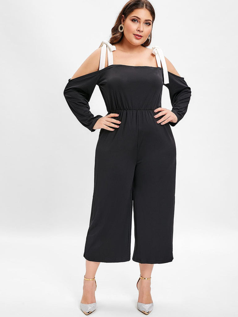 Open Shoulder Bow Tie Wide Legs Jumpsuit - TeresaCollections