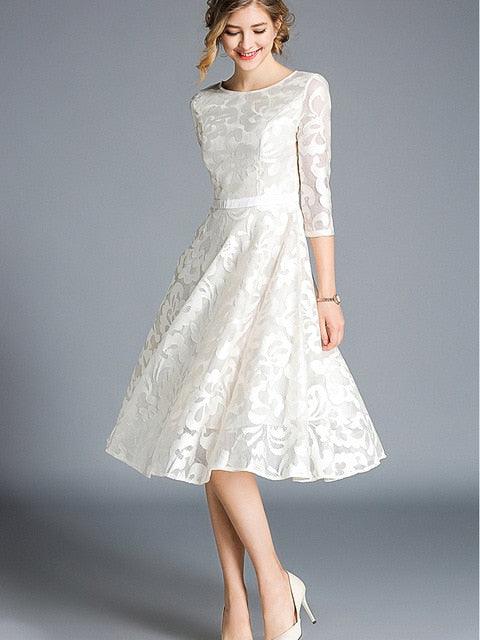 Woman spring autumn knee-lenght dress women lace elegant dress and ladies dress O-Neck Vintage Solid A-line dress for woman - TeresaCollections