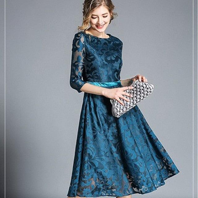 Woman spring autumn knee-lenght dress women lace elegant dress and ladies dress O-Neck Vintage Solid A-line dress for woman - TeresaCollections