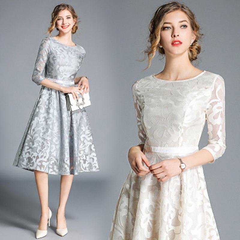 Woman spring autumn knee-lenght dress women lace elegant dress and ladies dress O-Neck Vintage Solid A-line dress for woman - TeresaCollections