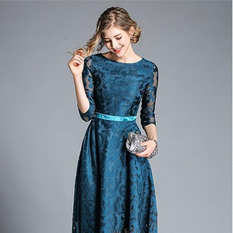 Woman spring autumn knee-lenght dress women lace elegant dress and ladies dress O-Neck Vintage Solid A-line dress for woman - TeresaCollections
