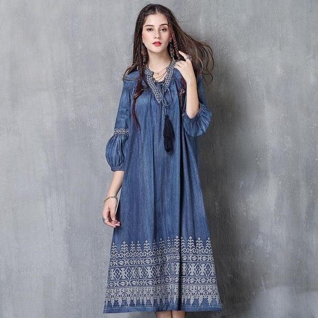 Three Quarter Lantern Sleeve Flower Embroidery Denim Dress - TeresaCollections