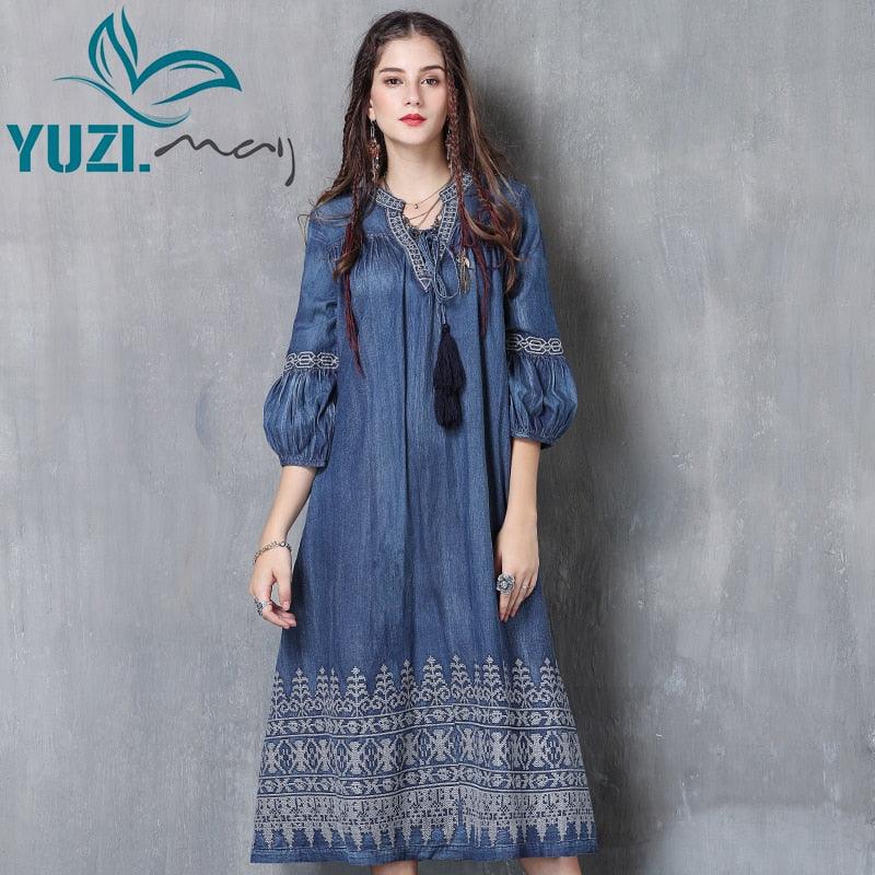 Three Quarter Lantern Sleeve Flower Embroidery Denim Dress - TeresaCollections