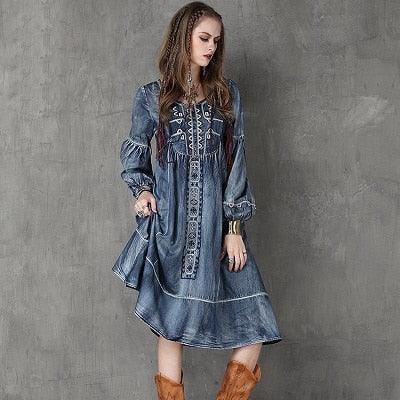 Long Lantern Sleeve Embroidery Denim Dress - TeresaCollections