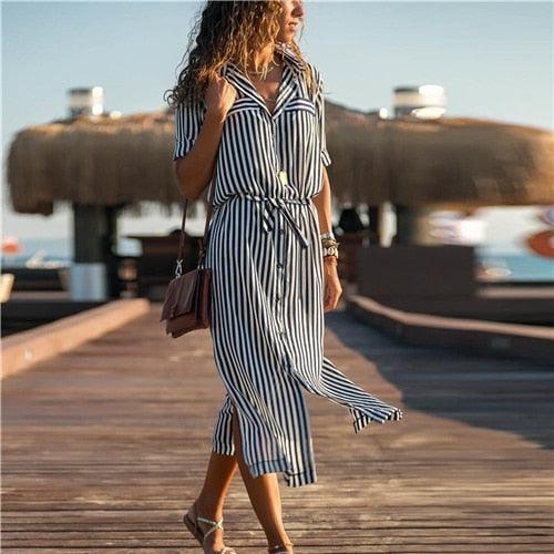 Casual Striped Shirt Long Dress - TeresaCollections