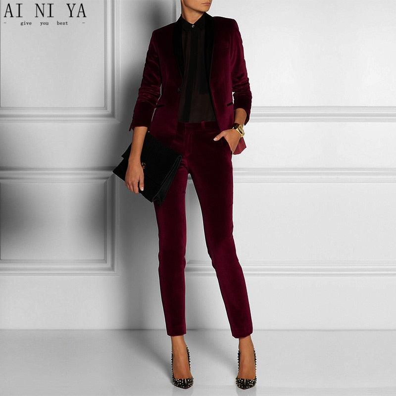 TeresaCollections - Wine Red Velvet Women Tuxedos Formal Pant Suits