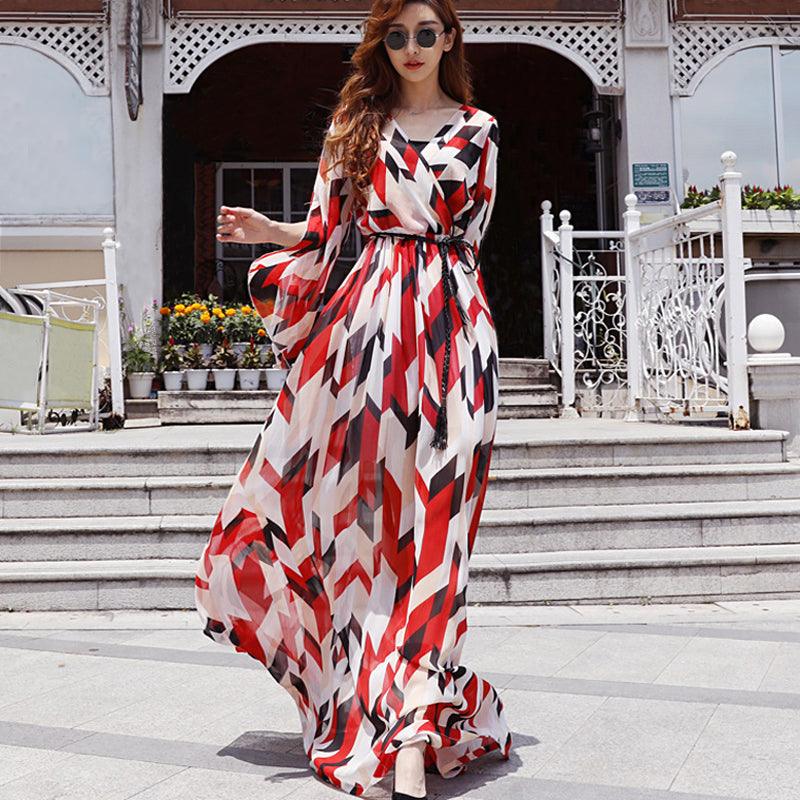 Red and White Chiffon Print Floral Maxi Dress - TeresaCollections