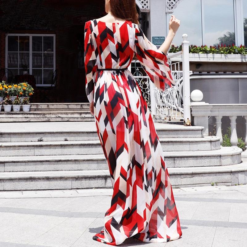 Red and White Chiffon Print Floral Maxi Dress - TeresaCollections