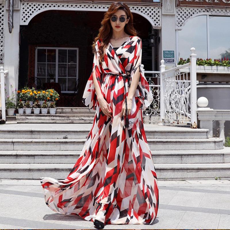 Red and White Chiffon Print Floral Maxi Dress - TeresaCollections