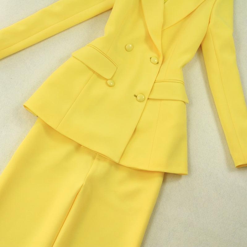 Yellow  Double-Breasted  Elegant Blazer+Wide Leg Pants Two Piece Set - TeresaCollections