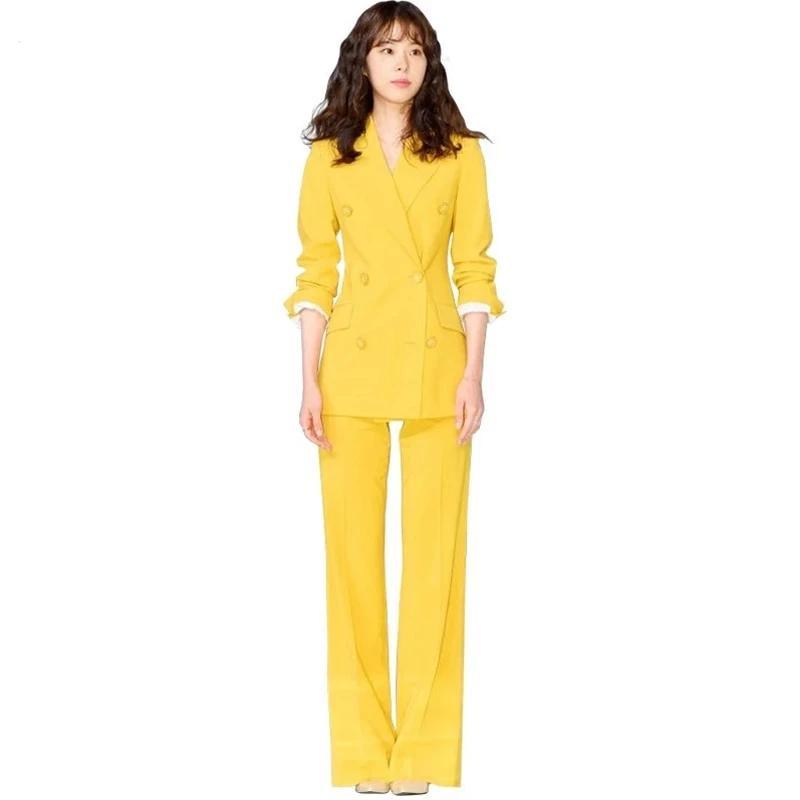 Yellow  Double-Breasted  Elegant Blazer+Wide Leg Pants Two Piece Set - TeresaCollections