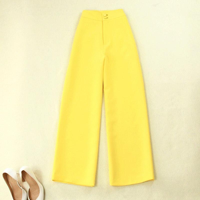 Yellow  Double-Breasted  Elegant Blazer+Wide Leg Pants Two Piece Set - TeresaCollections