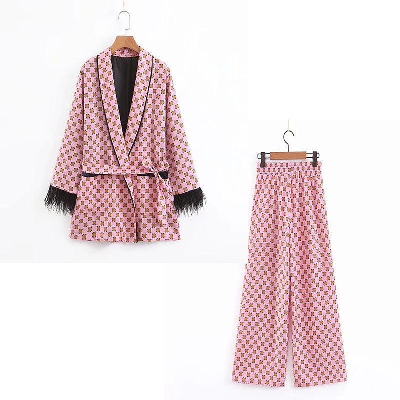 Pink Loose Print Tassel Decorative Kimono Loose Wide Leg Suits - TeresaCollections