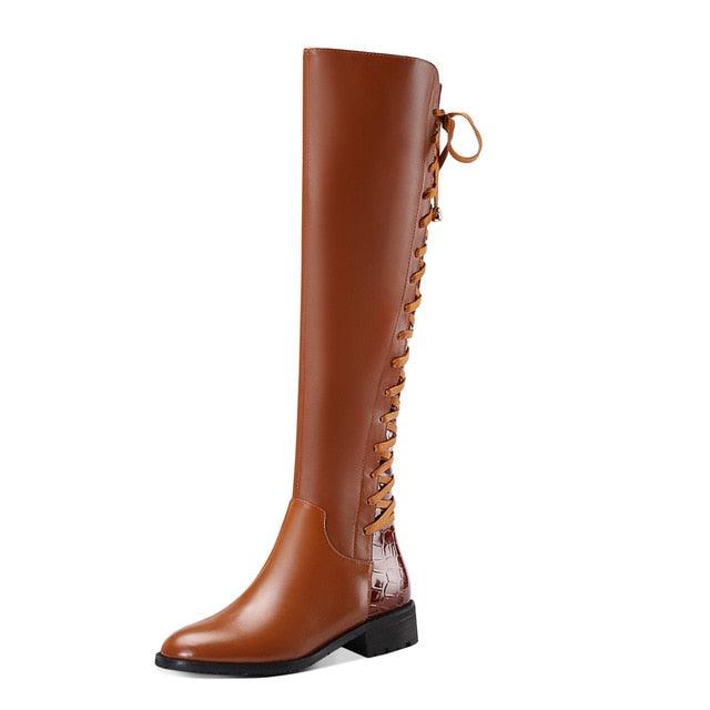 Knee High Genuine Leather Autumn  Round Toe Cross-tied Boots - TeresaCollections